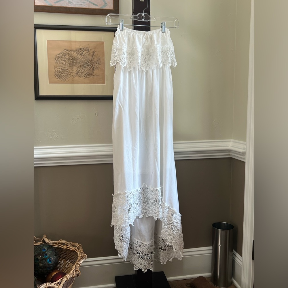 White High Low Dress with Lace Accents